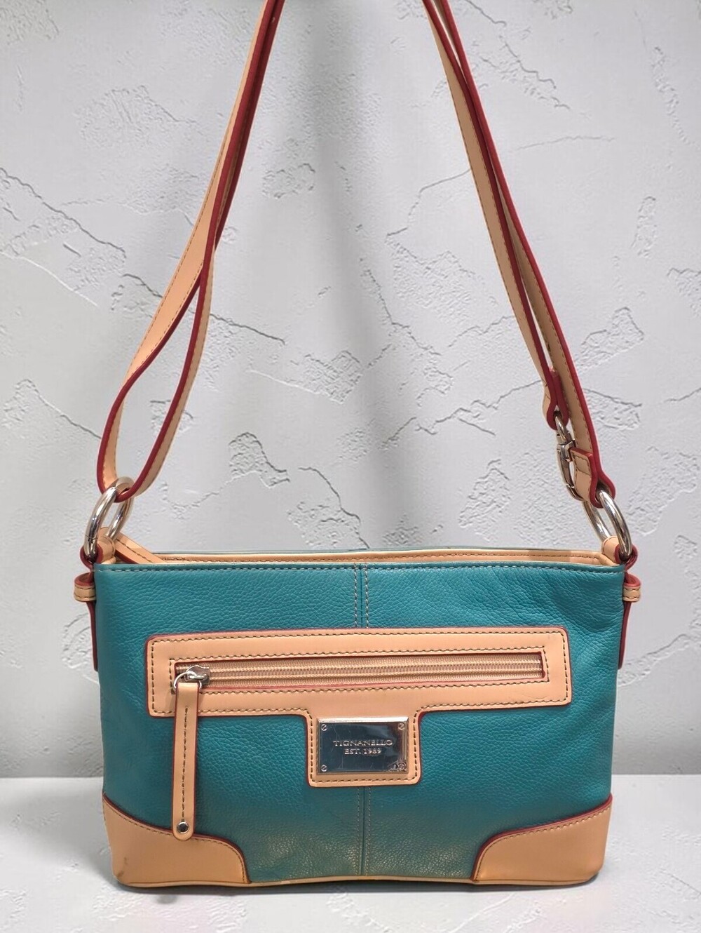 Tignanello Teal Leather Crossbody Organizer Bag Colorblock Multi Pocket Purse